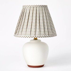 Ceramic Table Lamp with Gingham Print Pleated Shade White
